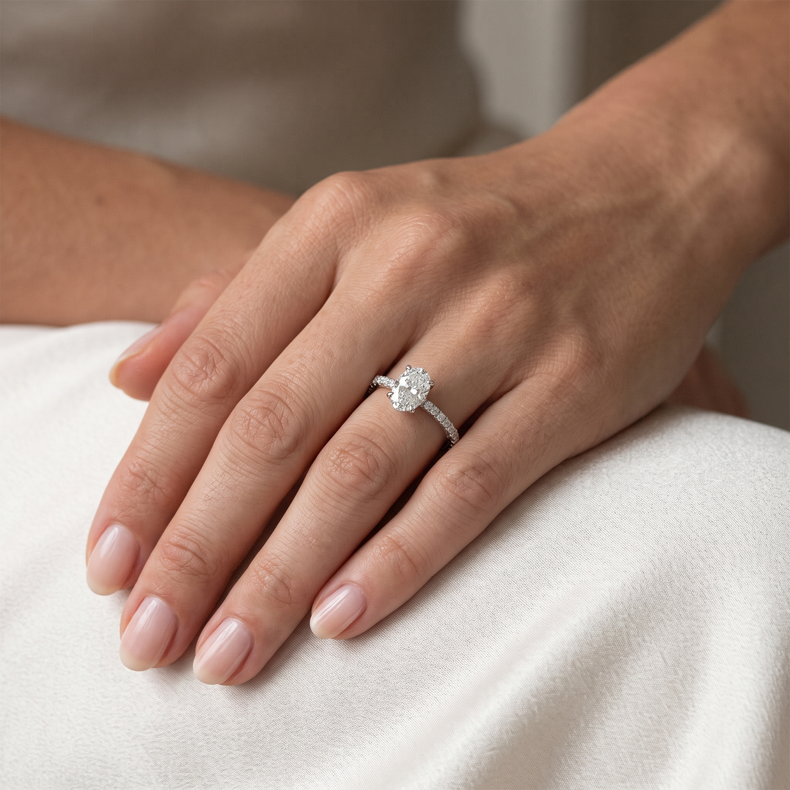 Solid Gold Pear Cut Diamond Engagement Ring with Pave Band & Hidden Halo