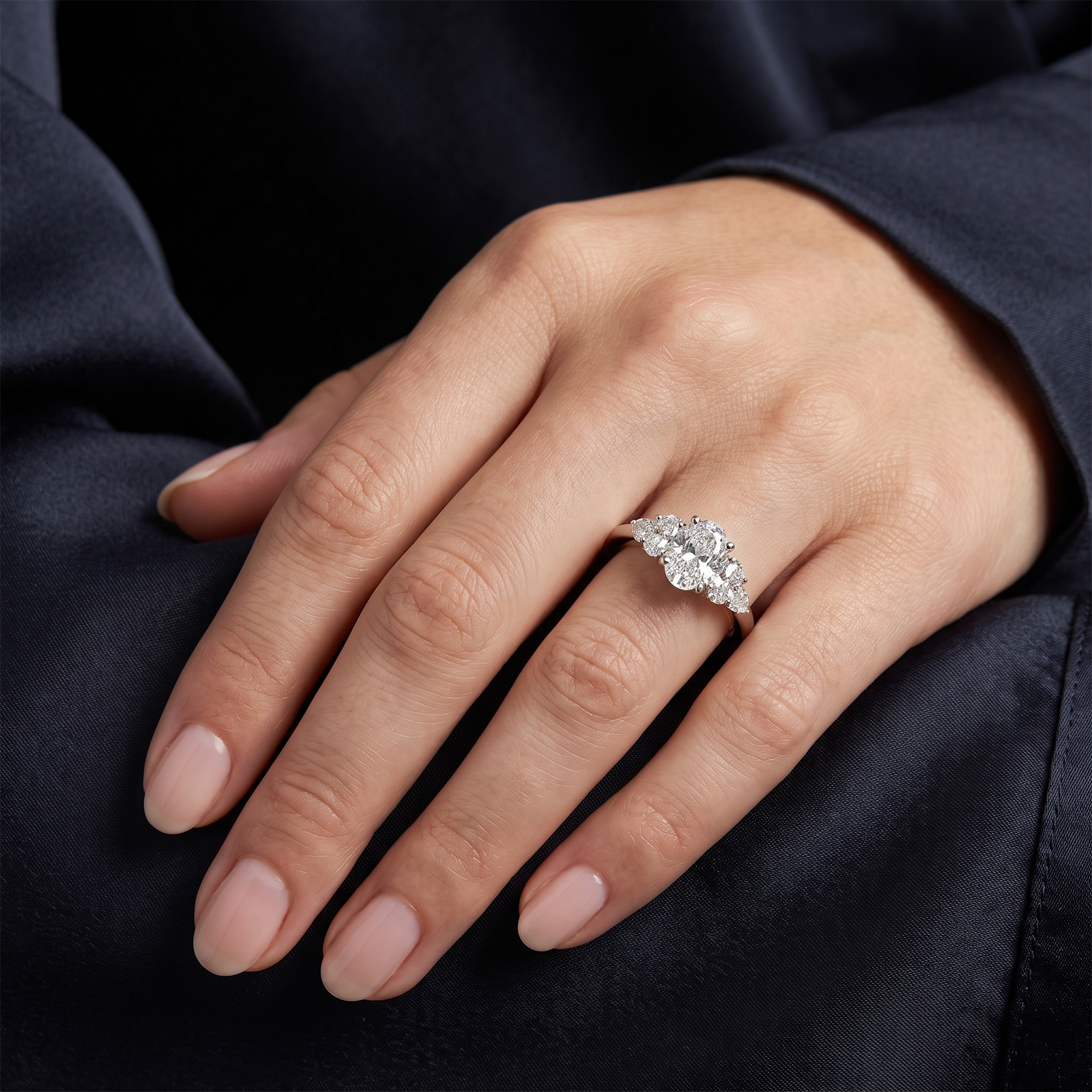 Solid Gold Trilogy Engagement Ring | Oval & Pear Cut Diamond Ring