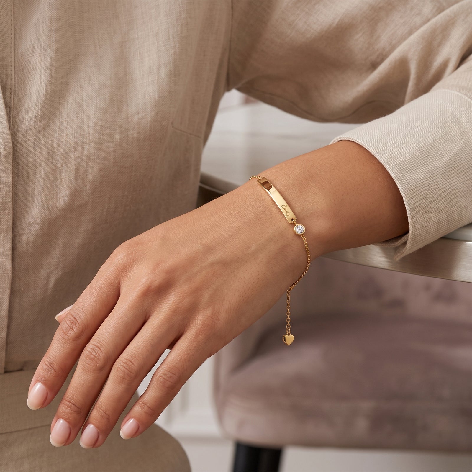 Personalized 18k Gold Bar ID Bracelet with Bezel Diamond | Custom Name Jewelry