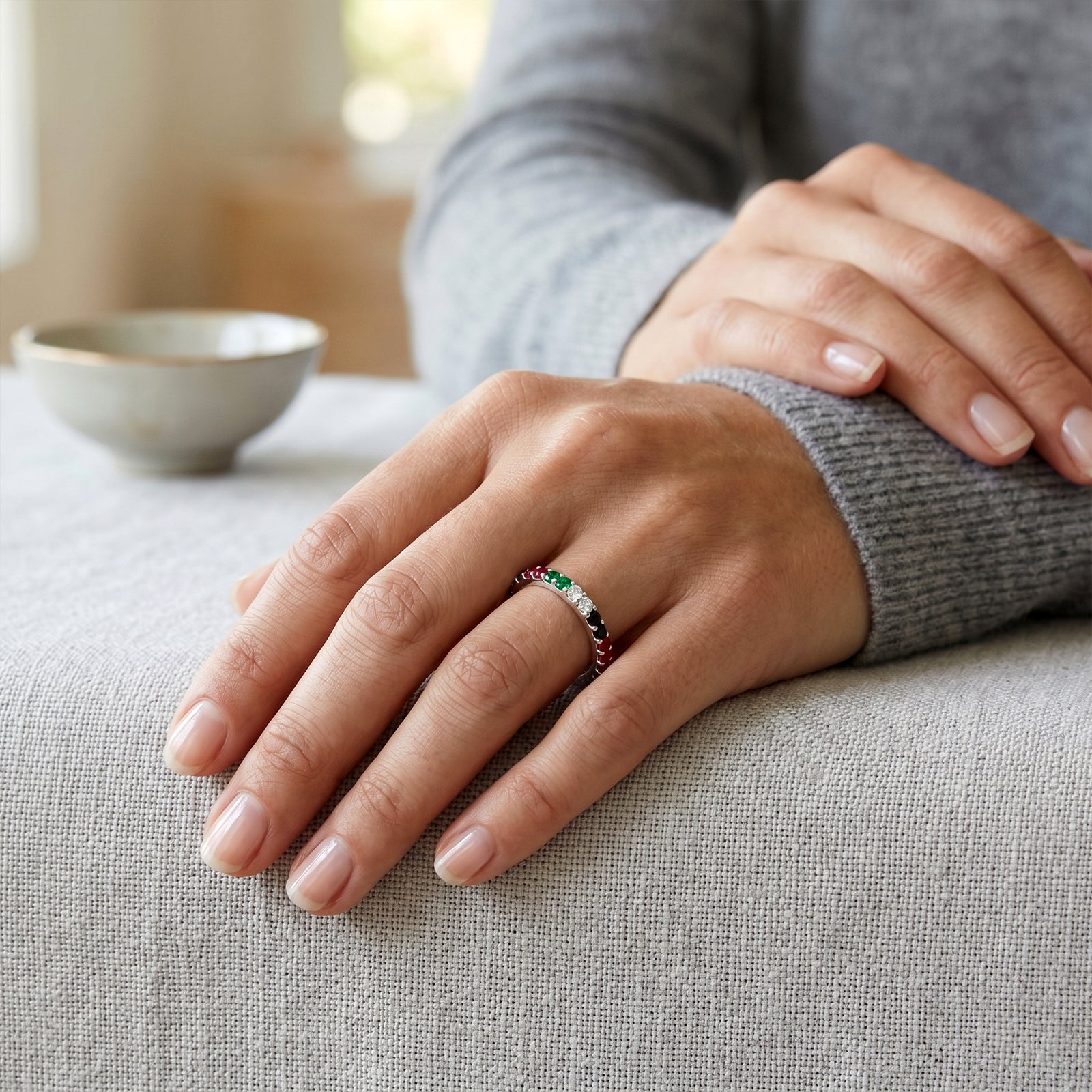 18K Gold UAE Flag Eternity Ring | Rubies, Emeralds & Diamonds