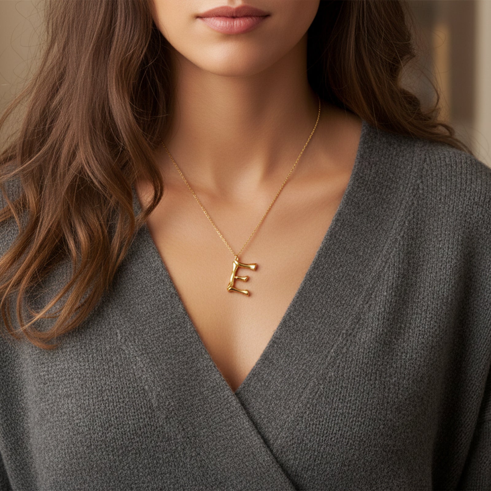 18k Gold Bamboo Initial Necklace | Custom Letter Pendant for Women | Personalized Organic Texture Jewelry