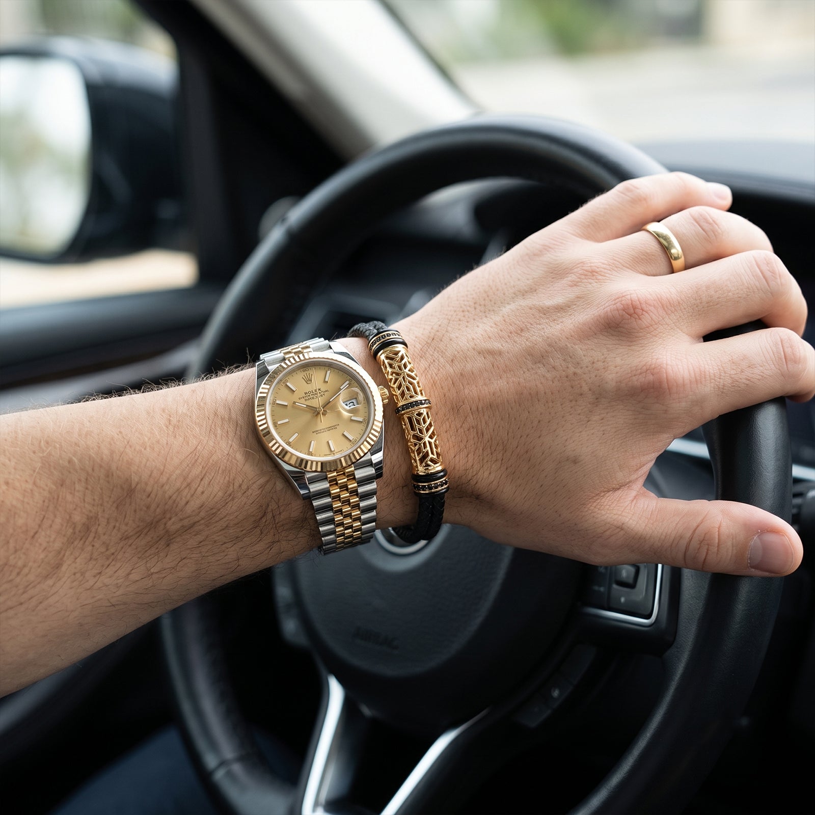 Men's 18K Gold & Black Spinel Woven Leather Bracelet | Luxury Men's Jewelry