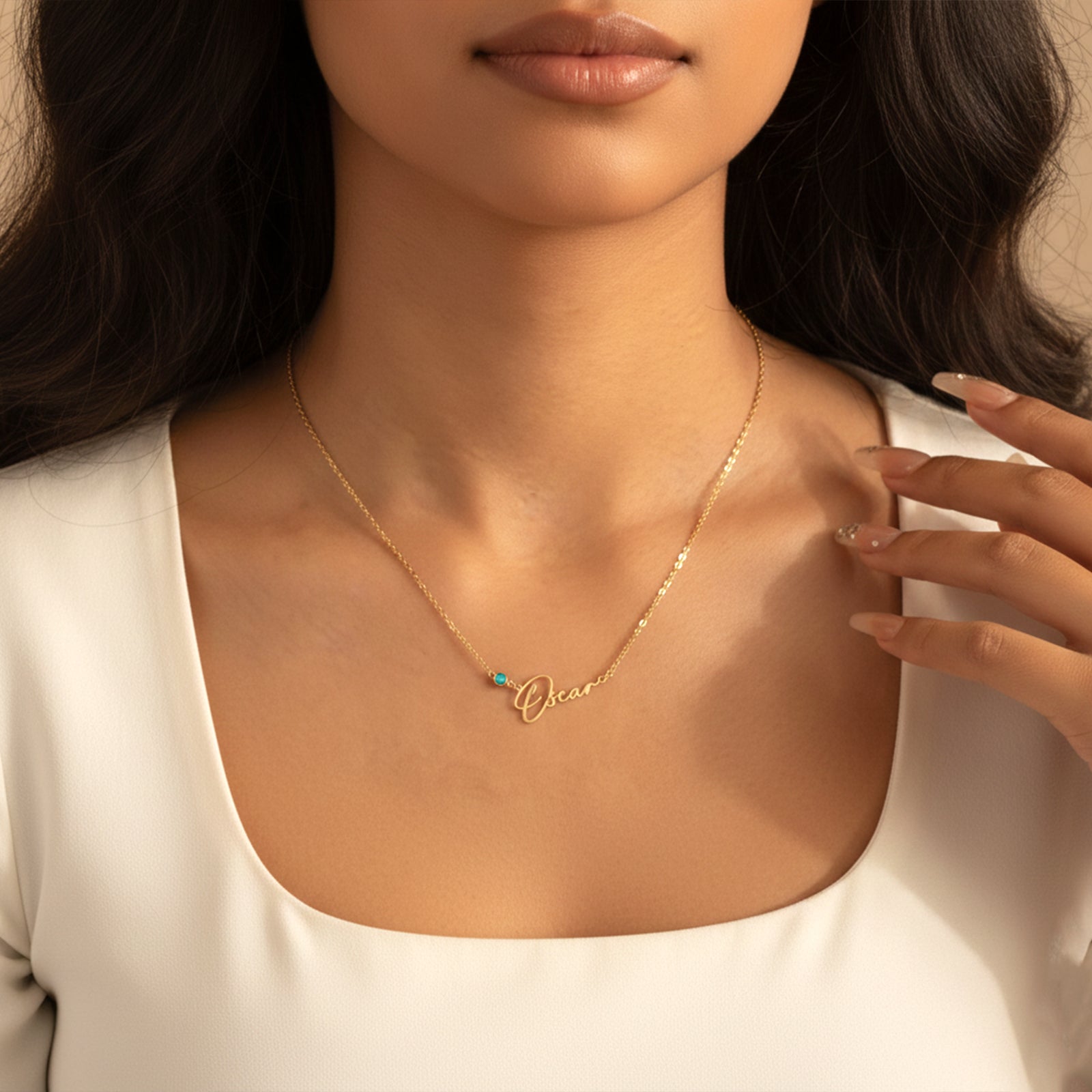 18K Solid Gold Personalized Script Pendant with Birthstone | Handcrafted Minimalist Jewelry for Her