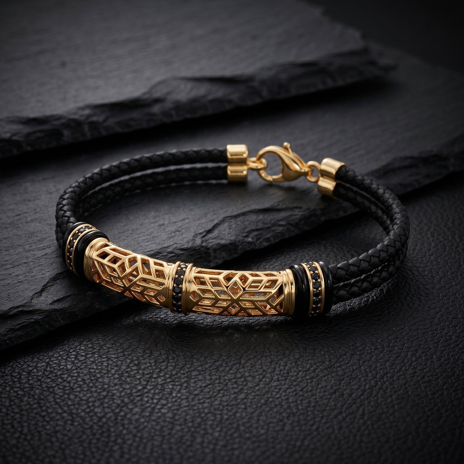 Men's 18K Gold & Black Spinel Woven Leather Bracelet | Luxury Men's Jewelry