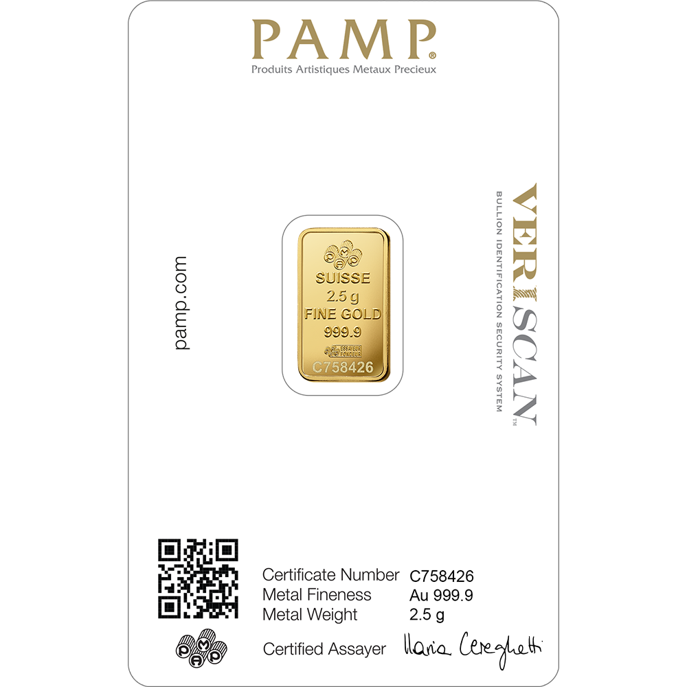 2.5g SUISSE PAMP GOLD BAR – 24K (999.9) PURE GOLD - SEALED & CERTIFIED