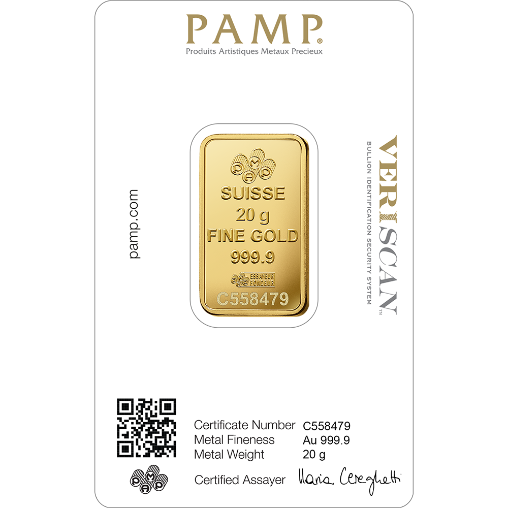 20g SUISSE PAMP GOLD BAR – 24K (999.9) PURE GOLD - SEALED & CERTIFIED