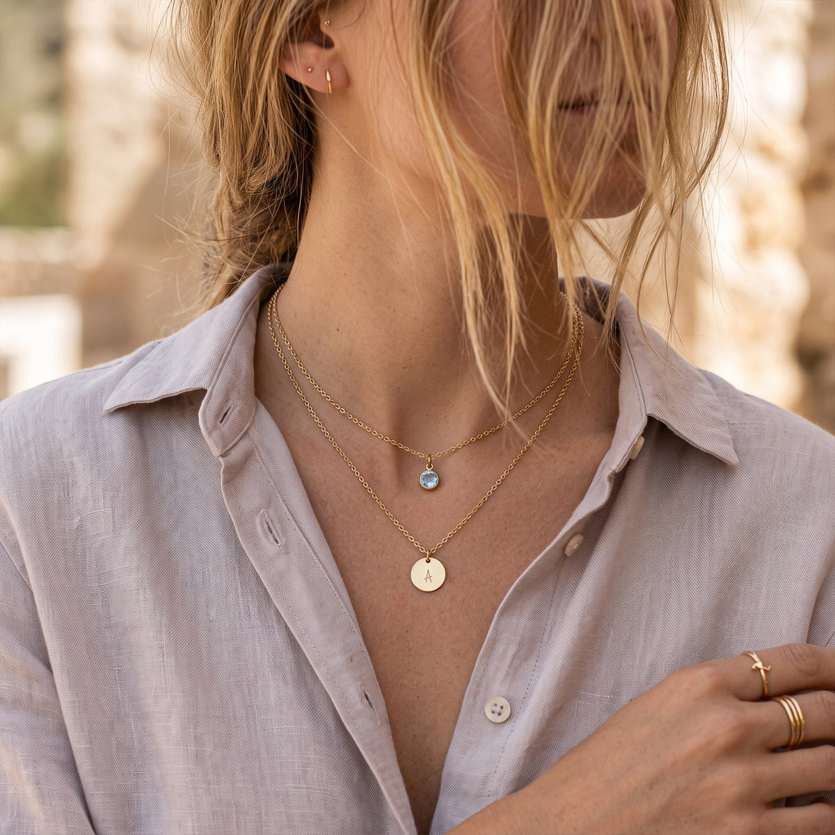 18K Gold Layered Initial & Birthstone Pendant Necklace | Personalised Gold Chain