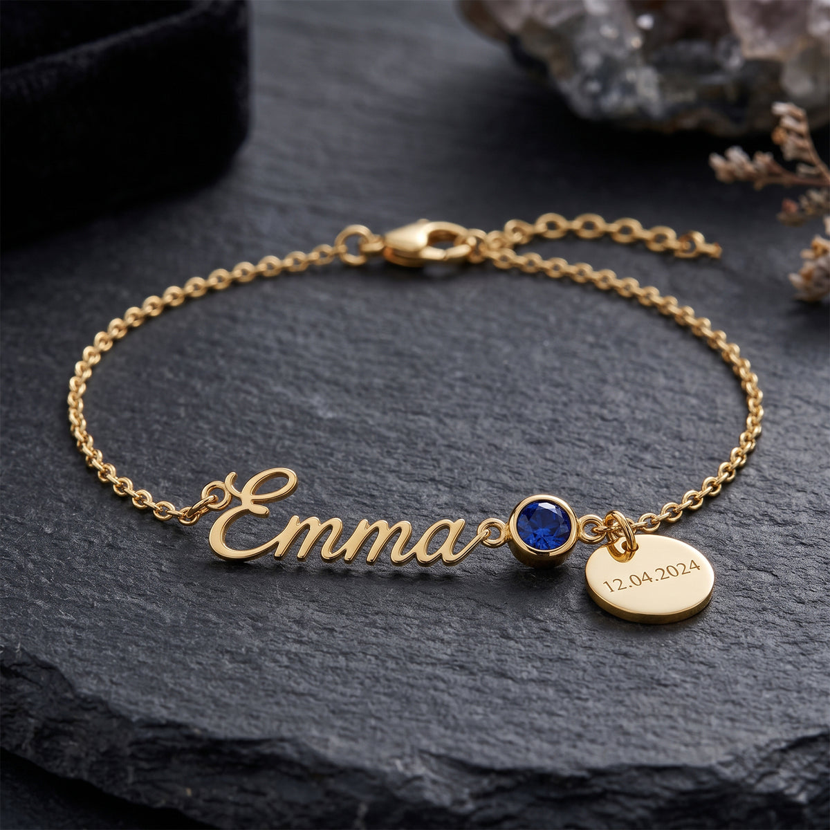 18K Solid Gold Personalized Name Bracelet with Round Birthstone Charm & Engraved Date Disc