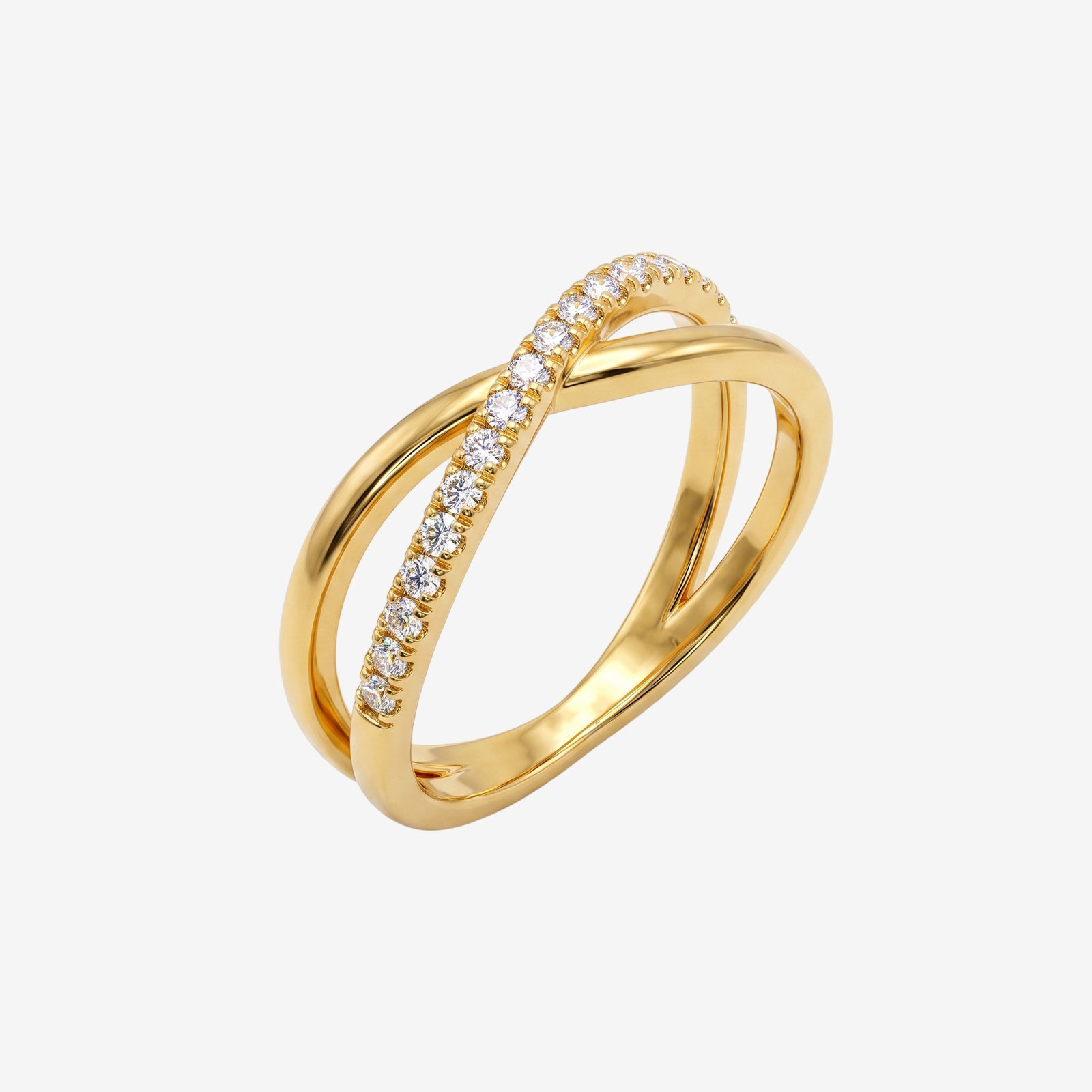 18k Gold Criss-Cross Diamond Ring | Minimalist X-Band Pave Ring for Women