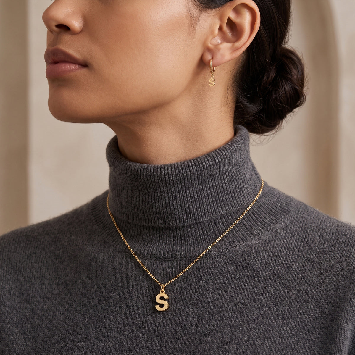 18K Solid Gold Custom Initial Letter Set | Necklace & Hoop Earrings Set