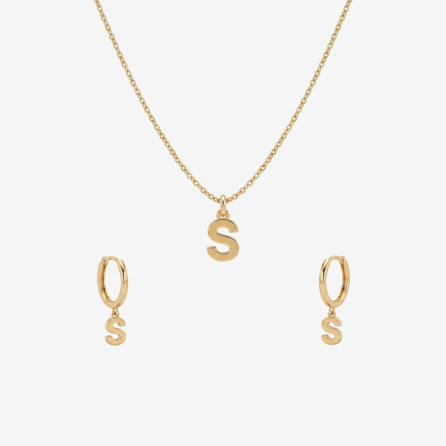 18K Solid Gold Custom Initial Letter Set | Necklace & Hoop Earrings Set