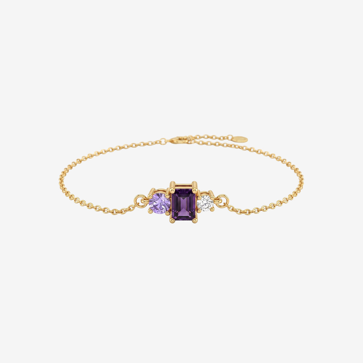 18K Gold Amethyst and Diamond Three-Stone Chain Bracelet | Minimalist Gemstone Jewelry