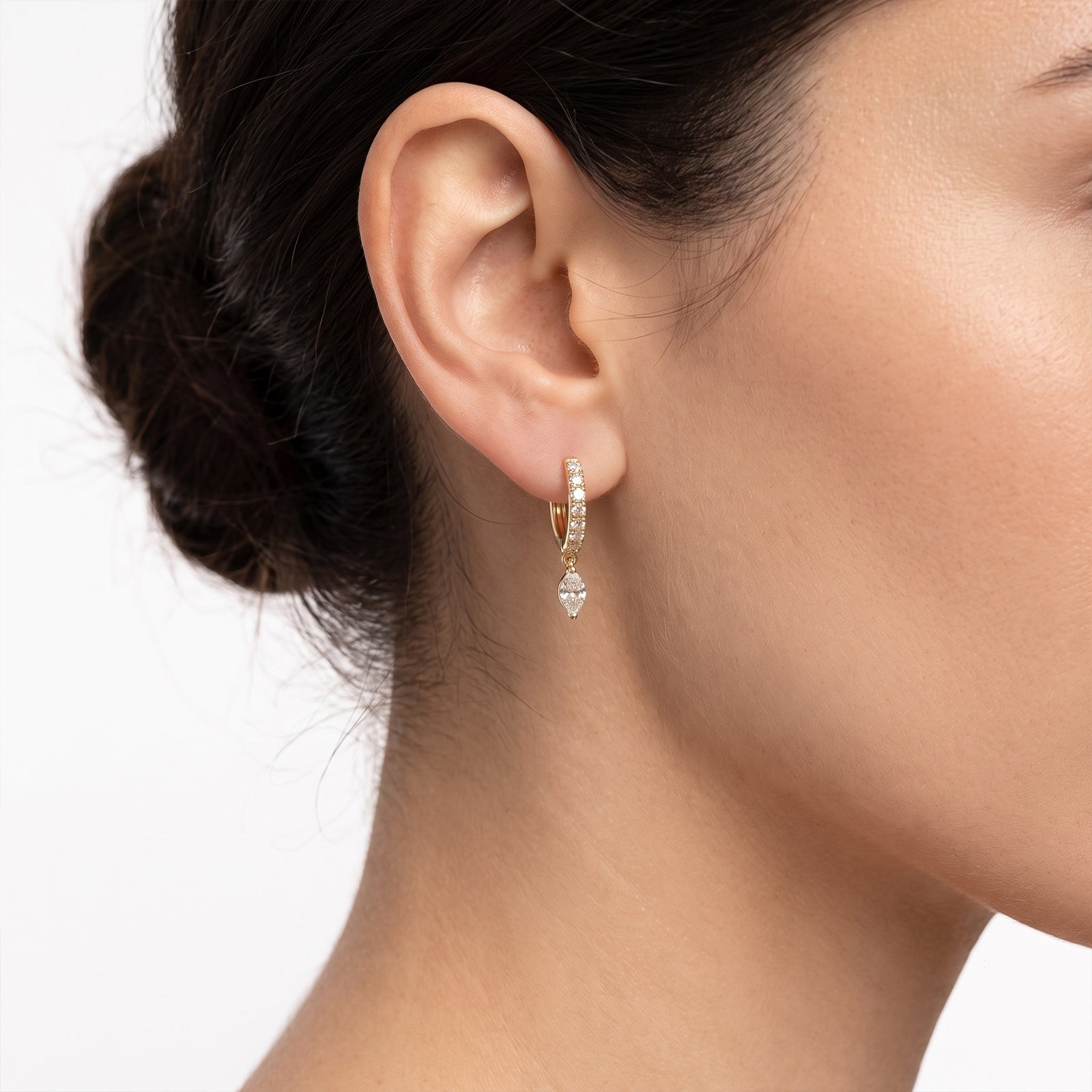 18k Gold Diamond Huggie Hoop Earrings with Marquise Drop | Diamond Drop Earrings