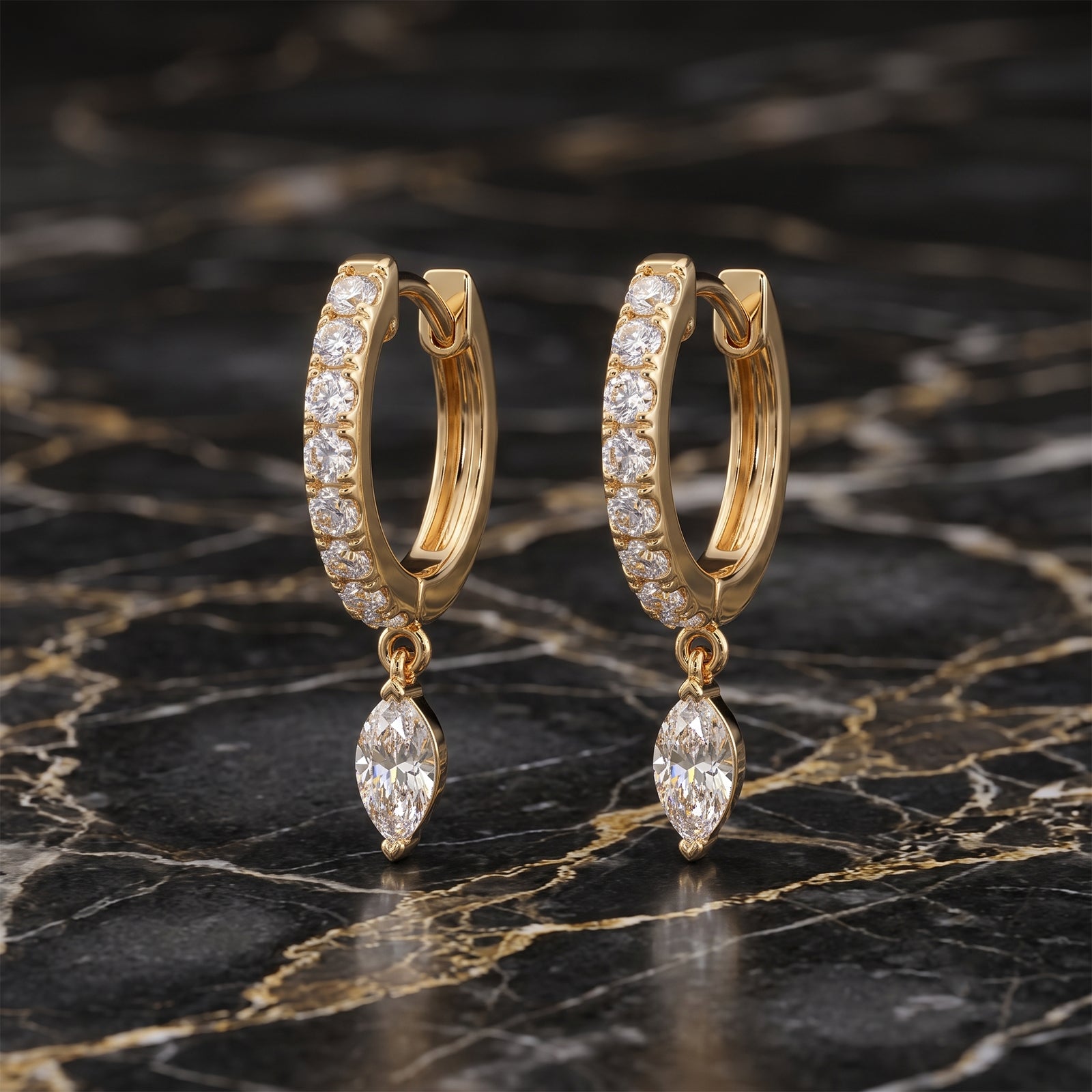 18k Gold Diamond Huggie Hoop Earrings with Marquise Drop | Diamond Drop Earrings