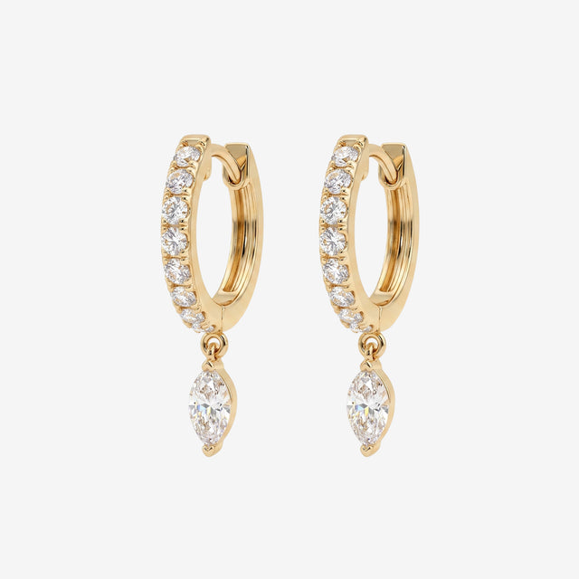 18k Gold Diamond Huggie Hoop Earrings with Marquise Drop | Diamond Drop Earrings
