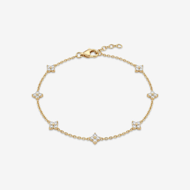 18k Gold Diamond Flower Station Bracelet | 7-Station Floral Clover Chain