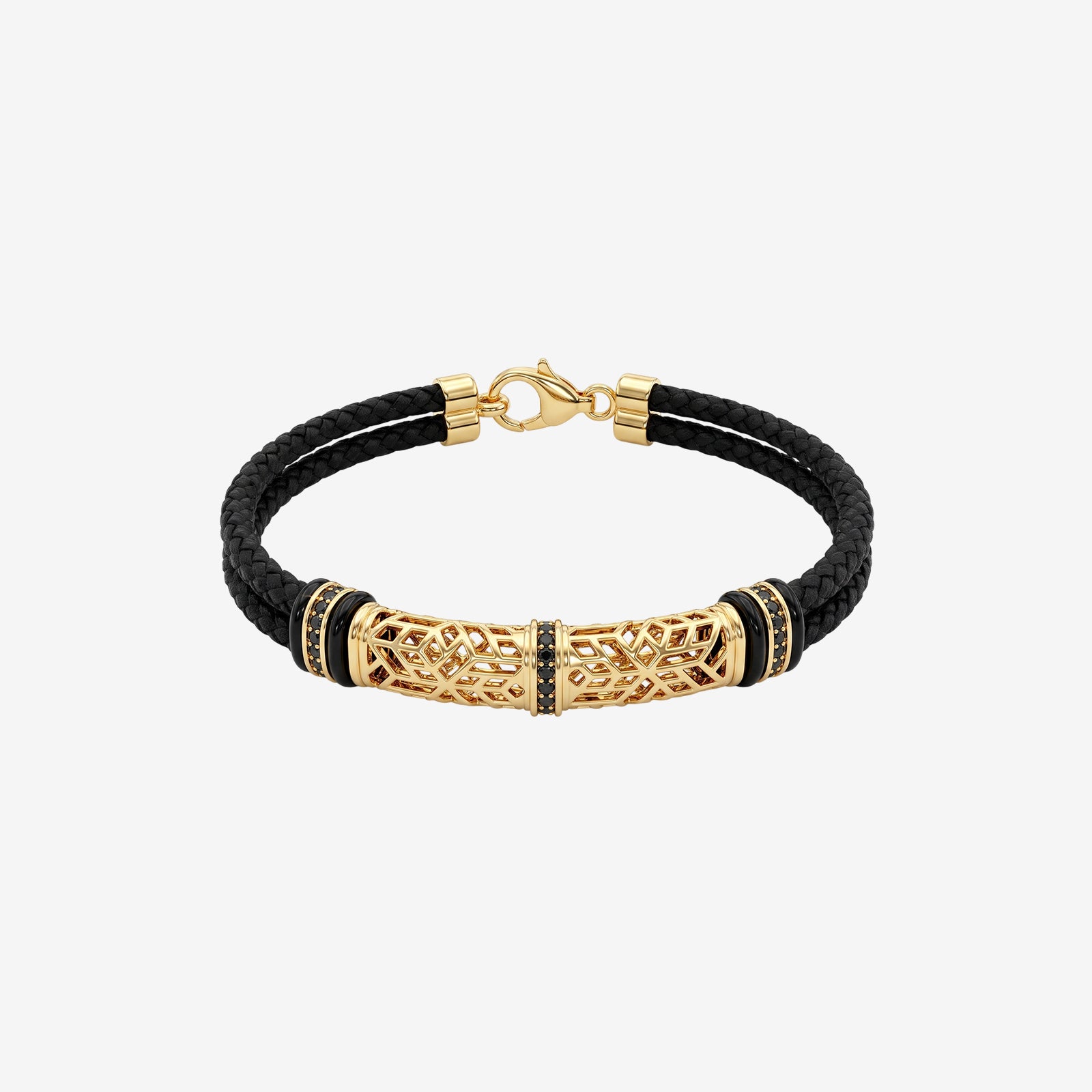 Men's 18K Gold & Black Spinel Woven Leather Bracelet | Luxury Men's Jewelry