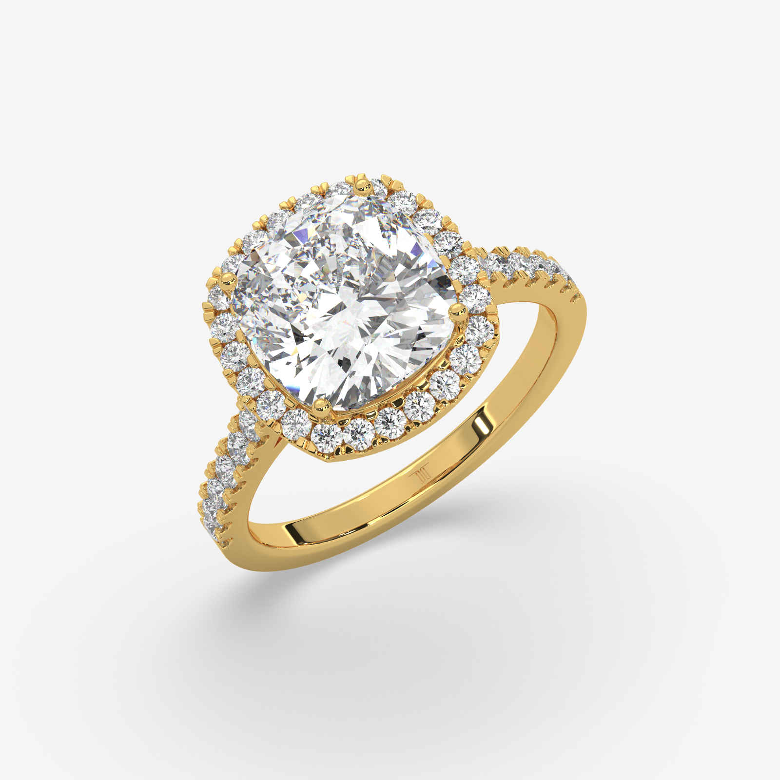 18k Gold Cushion Cut Halo Diamond Engagement Ring | Pave Set Band