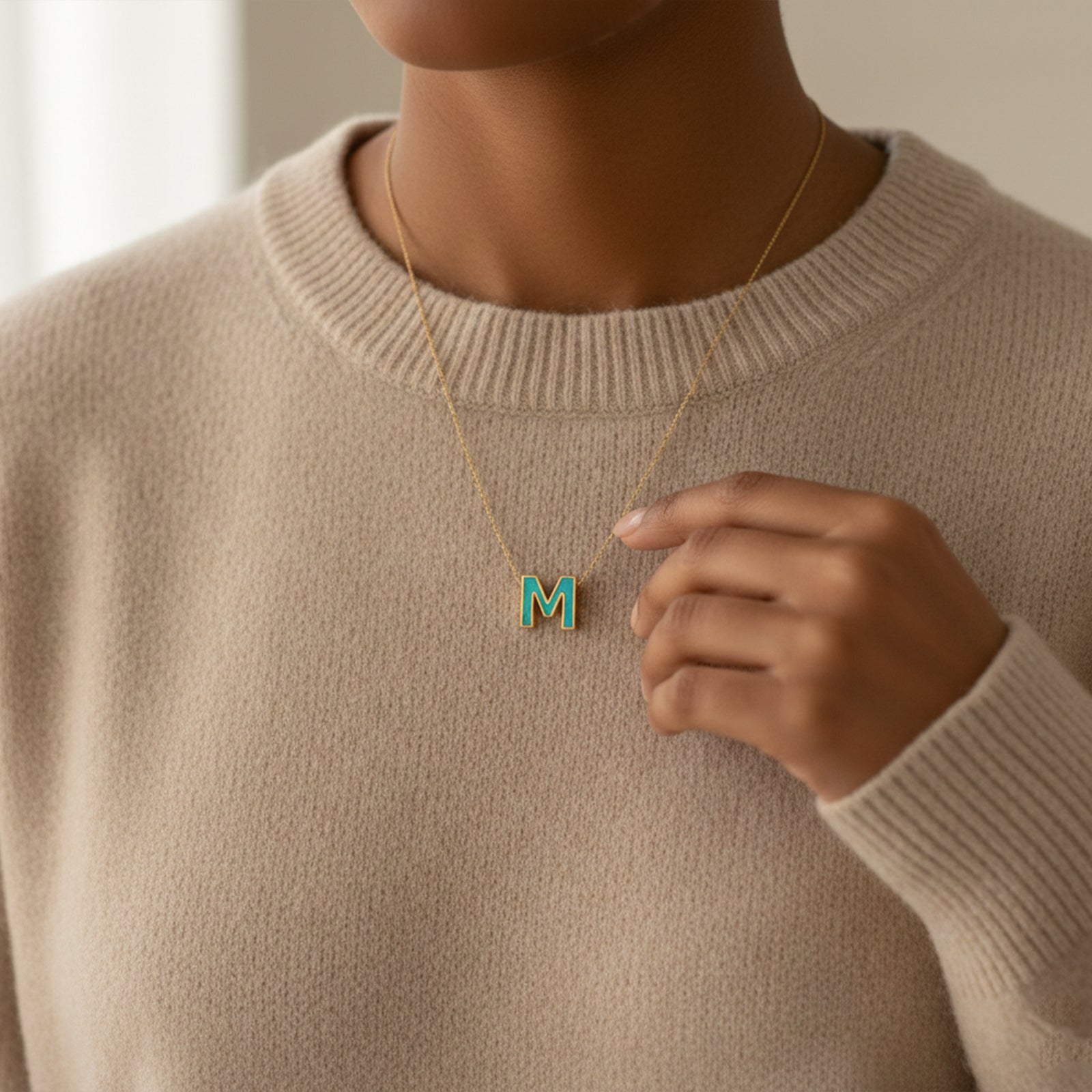 Custom 18k Gold Initial Necklace with Turquoise Enamel | Personalized Letter Pendant