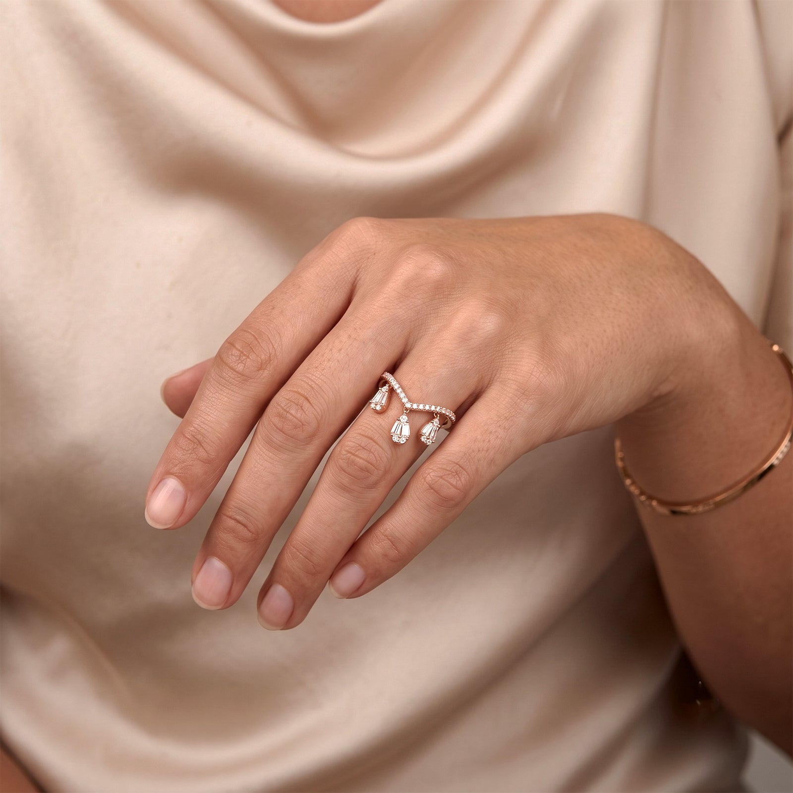 18K Gold Tiara Diamond Charm Dangle Ring | Chevron Wishbone Fine Jewelry