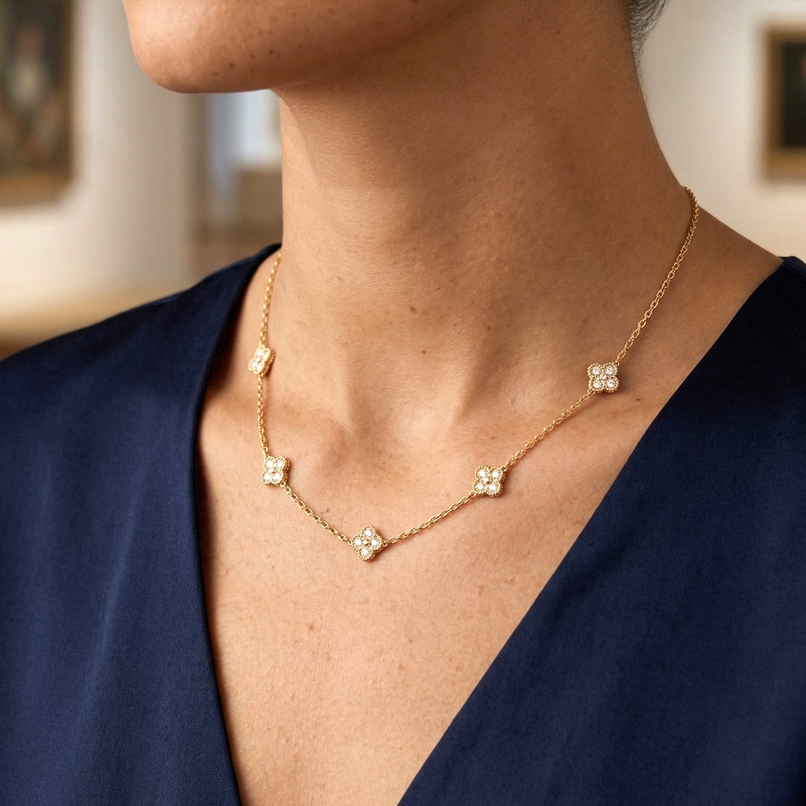 18k Gold & Diamond Alhambra-Style 5-Motif Clover Necklace