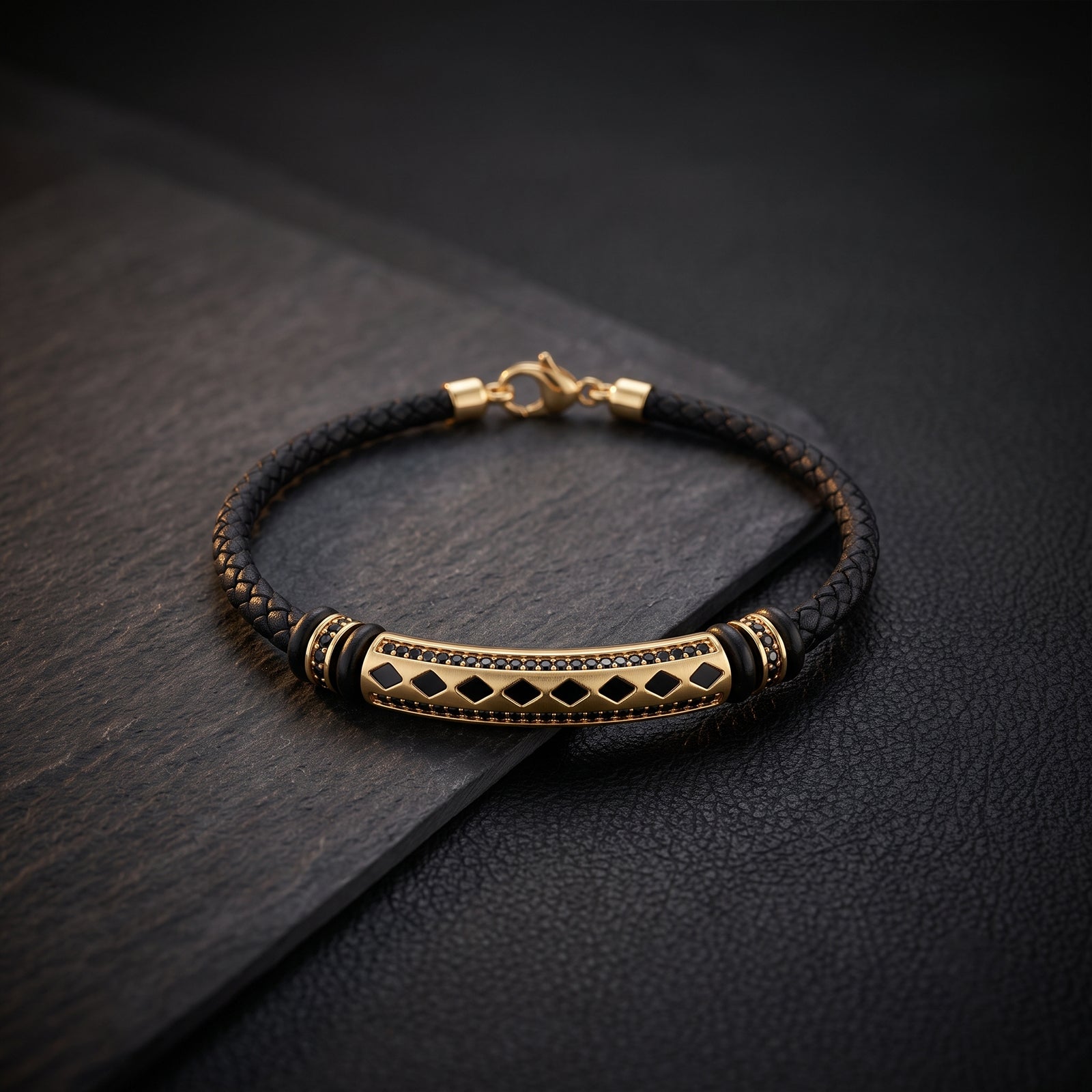 Men's 18k Gold Woven Bracelet | Luxury Black Spinel Inlay Timeless Design