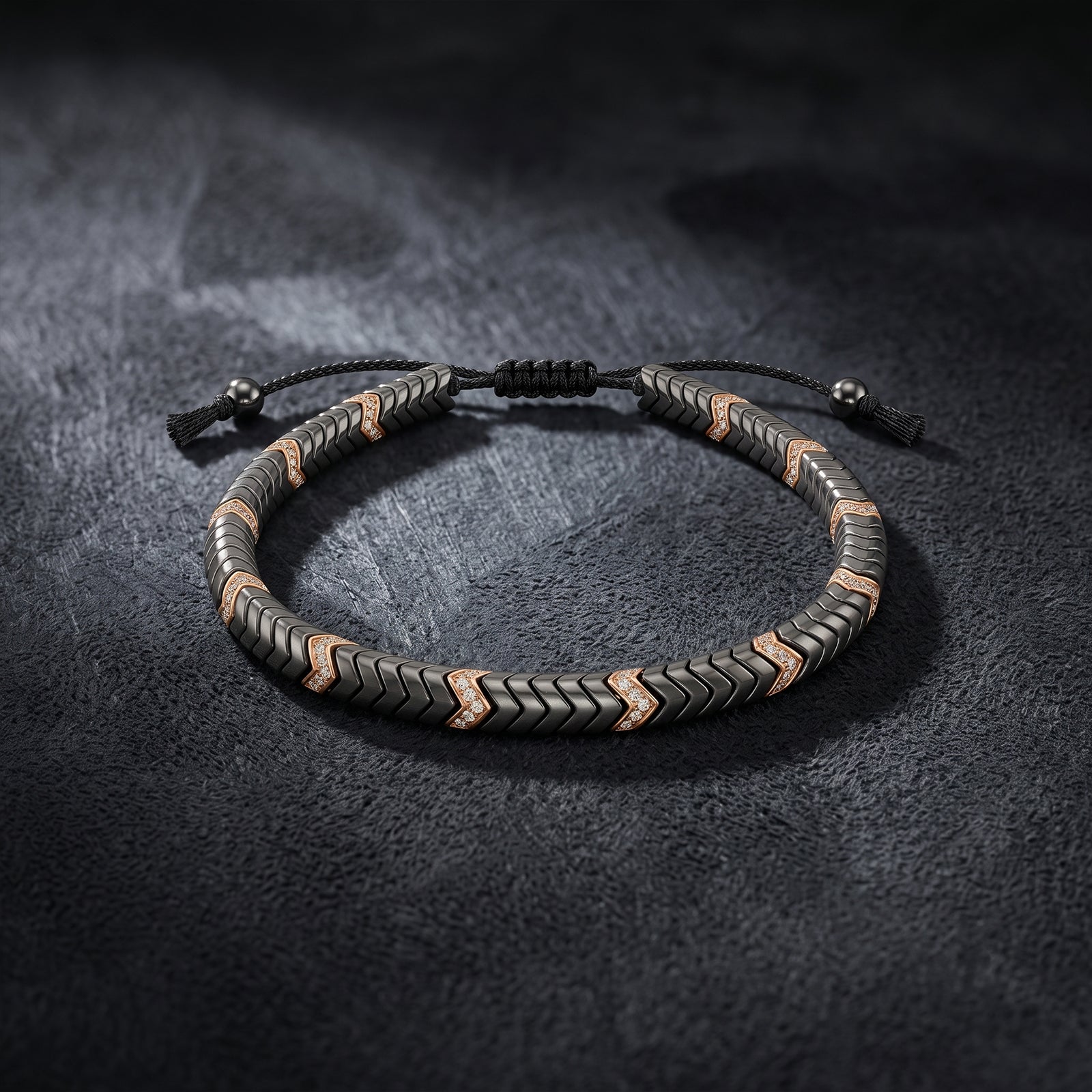 Men’s 18K Gold & Black Spinel Chevron Macramé Bracelet | Luxury Adjustable Bead Cuff