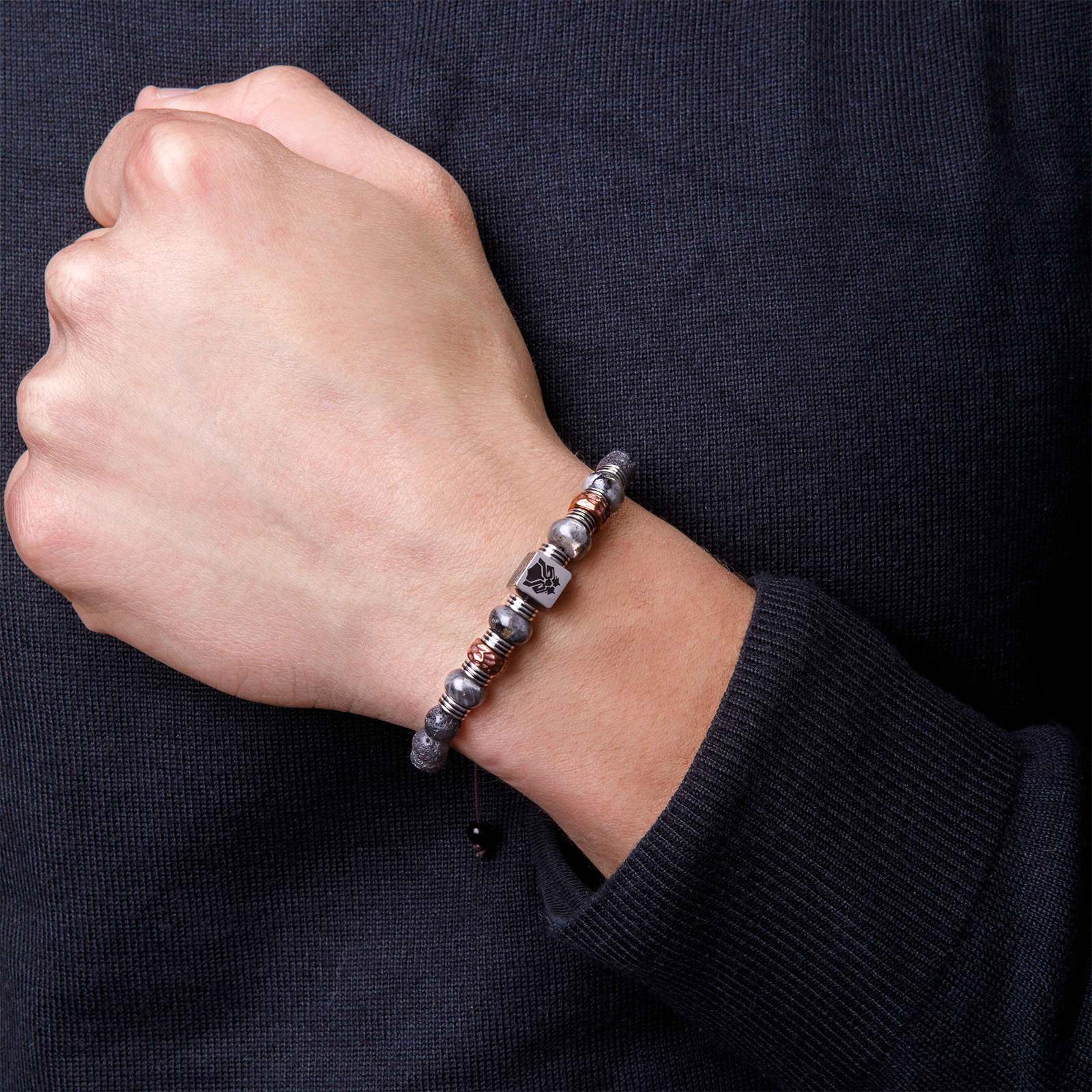 Black Panther Men’s Beaded Bracelet – Adjustable Stainless Steel Lariat
