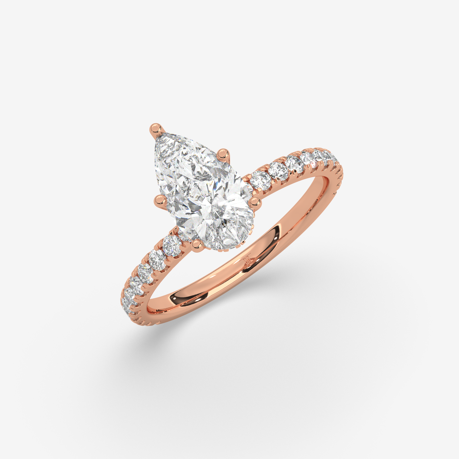 18K Gold Pear Cut Diamond Engagement Ring with Pave Band & Hidden Halo