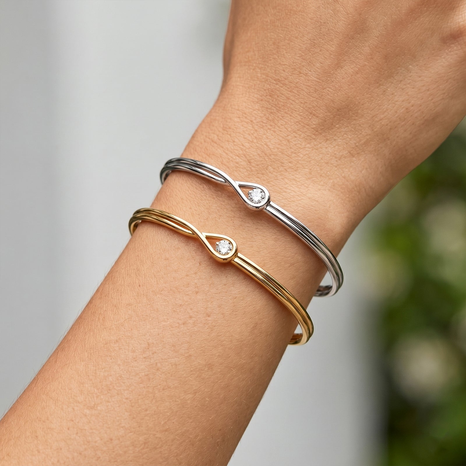 18k Gold Teardrop Loop Diamond Cuff Bracelet | Minimalist Open Bangle