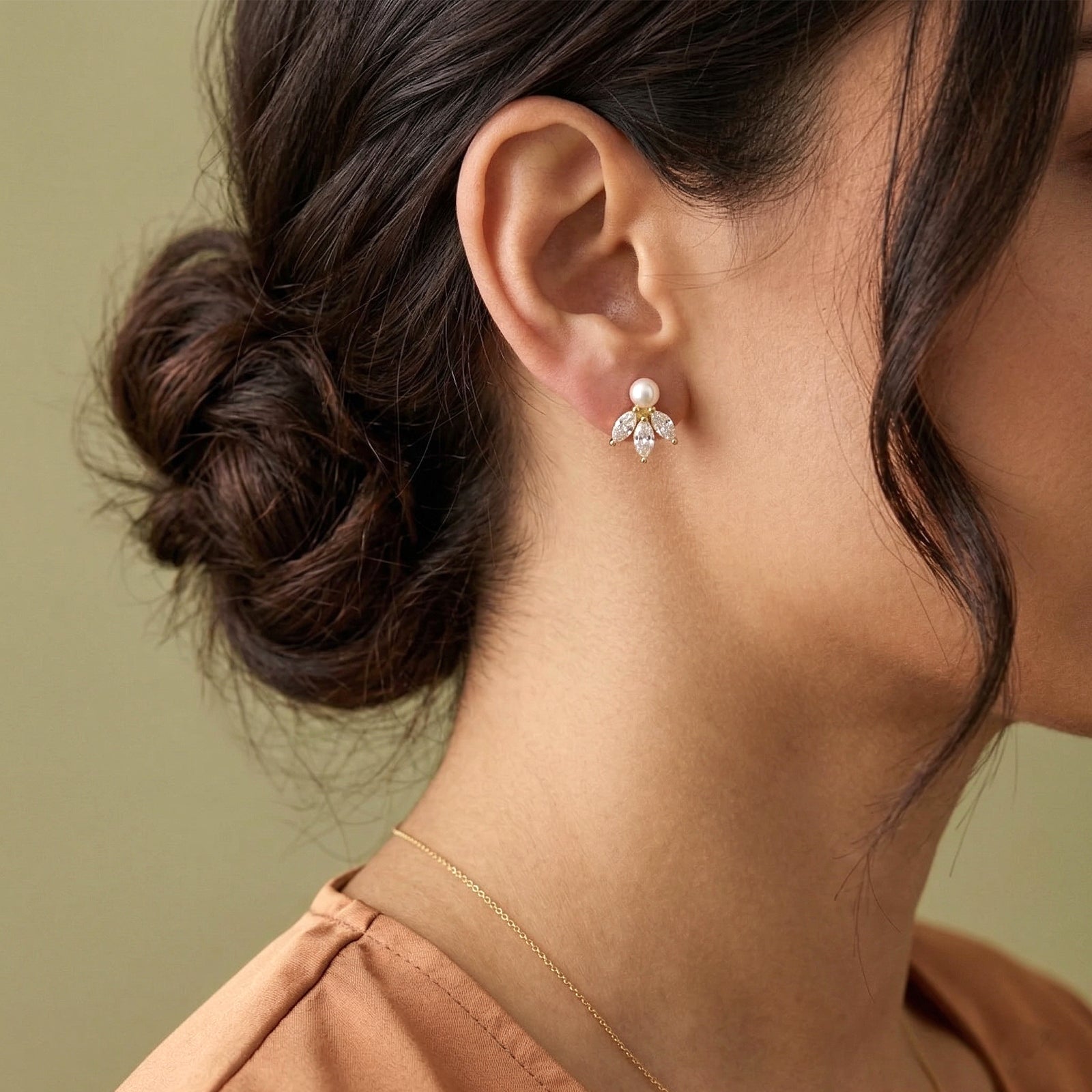18k Gold Pearl & Marquise Diamond Cluster Stud Earrings | Dainty Bridal Jewelry