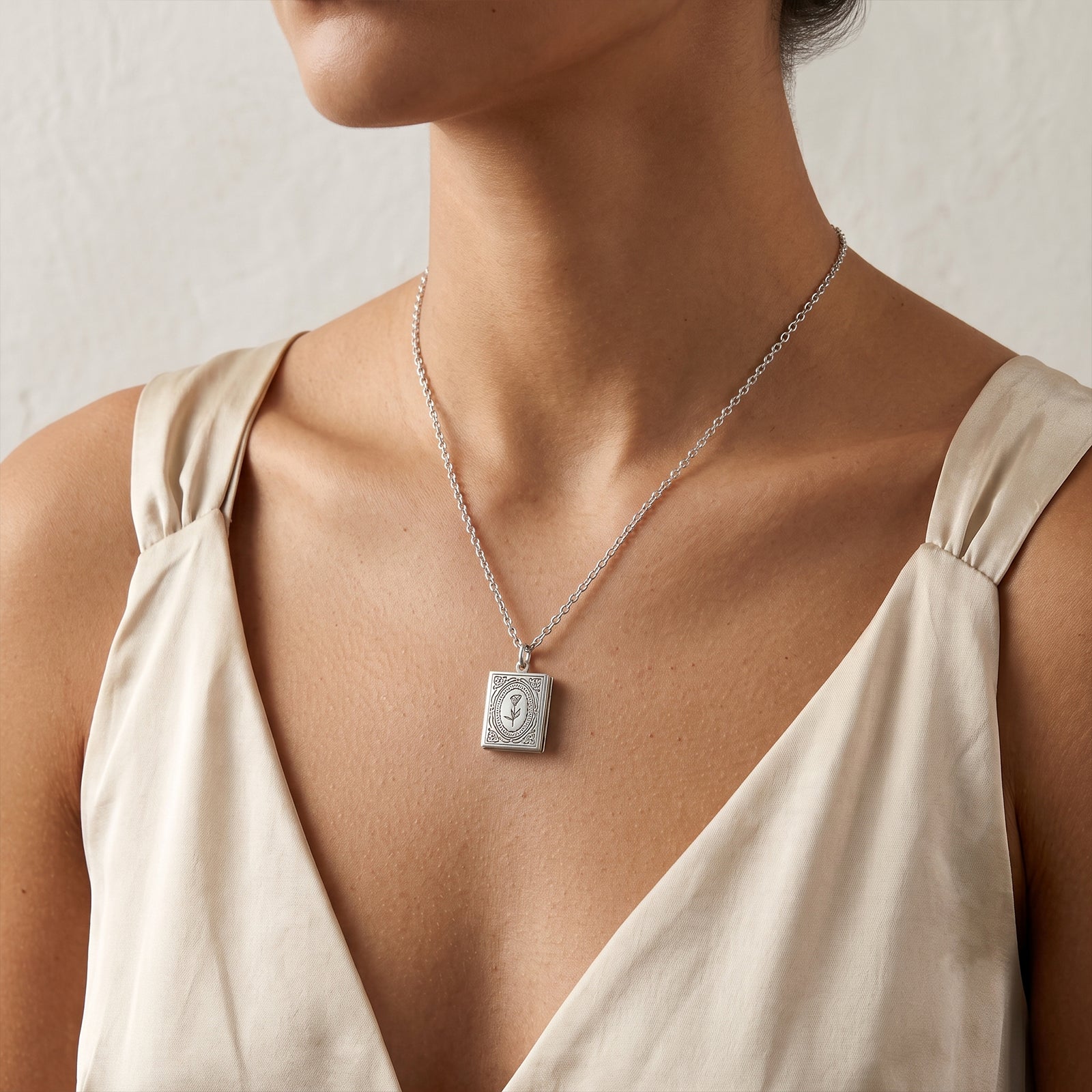 18K Gold Book Locket Necklace | Vintage Rose Engraved Pendant
