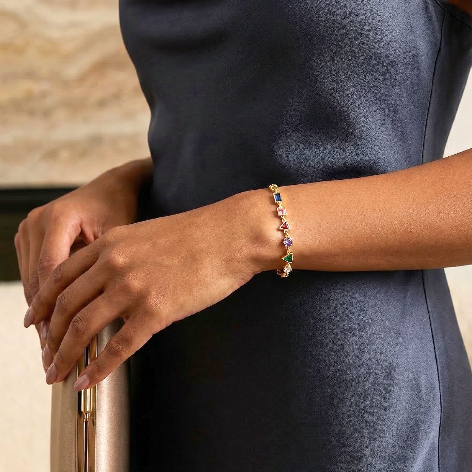 18k Gold Rainbow Gemstone Geometric Station Bracelet | Multi-Shape Bezel Set Jewelry