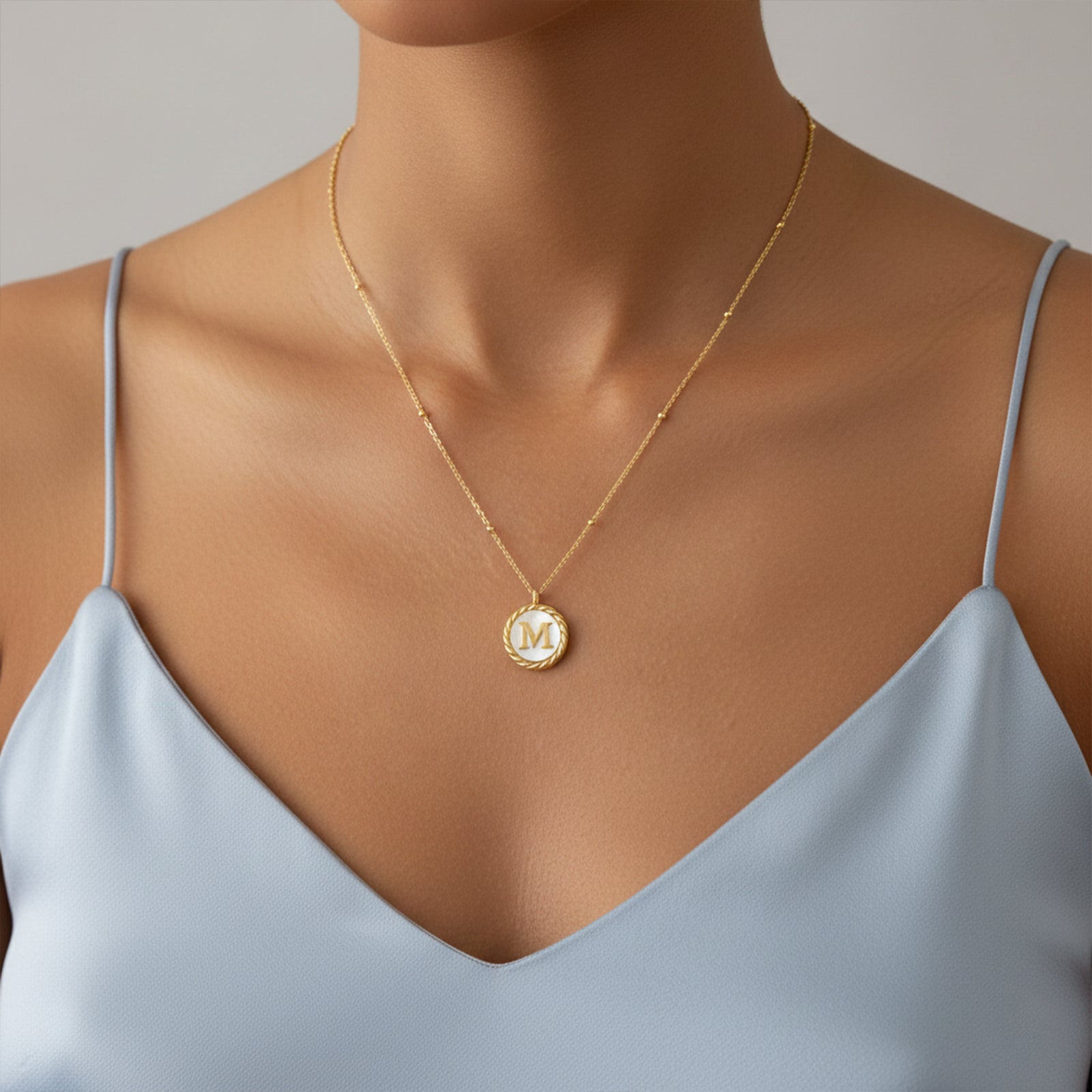 Personalized 18K Gold Initial Pendant Necklace | Mother of Pearl Letter Disc Charm