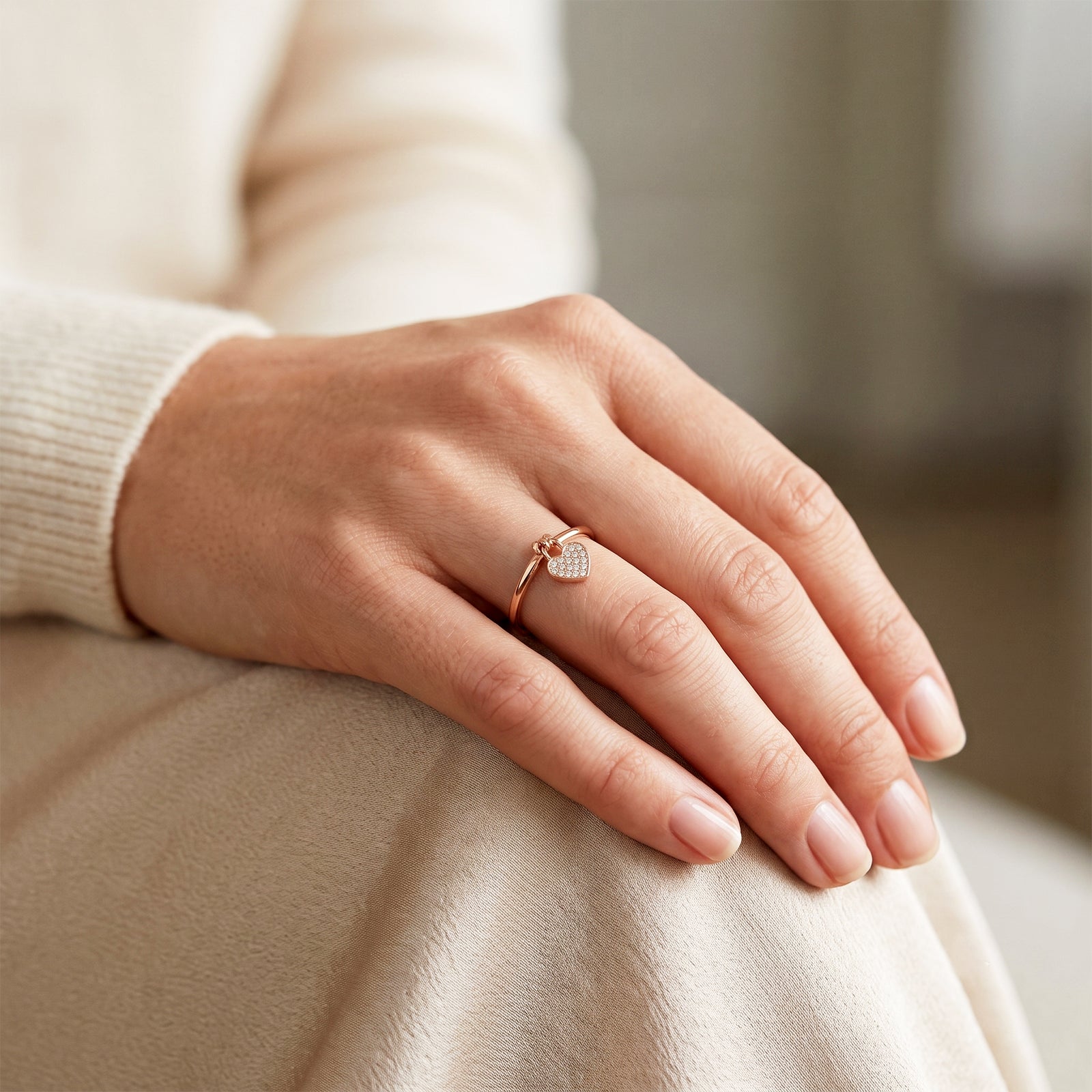 18k Gold Pave Heart Charm Dangle Ring |  Statement Ring with Heart padlock