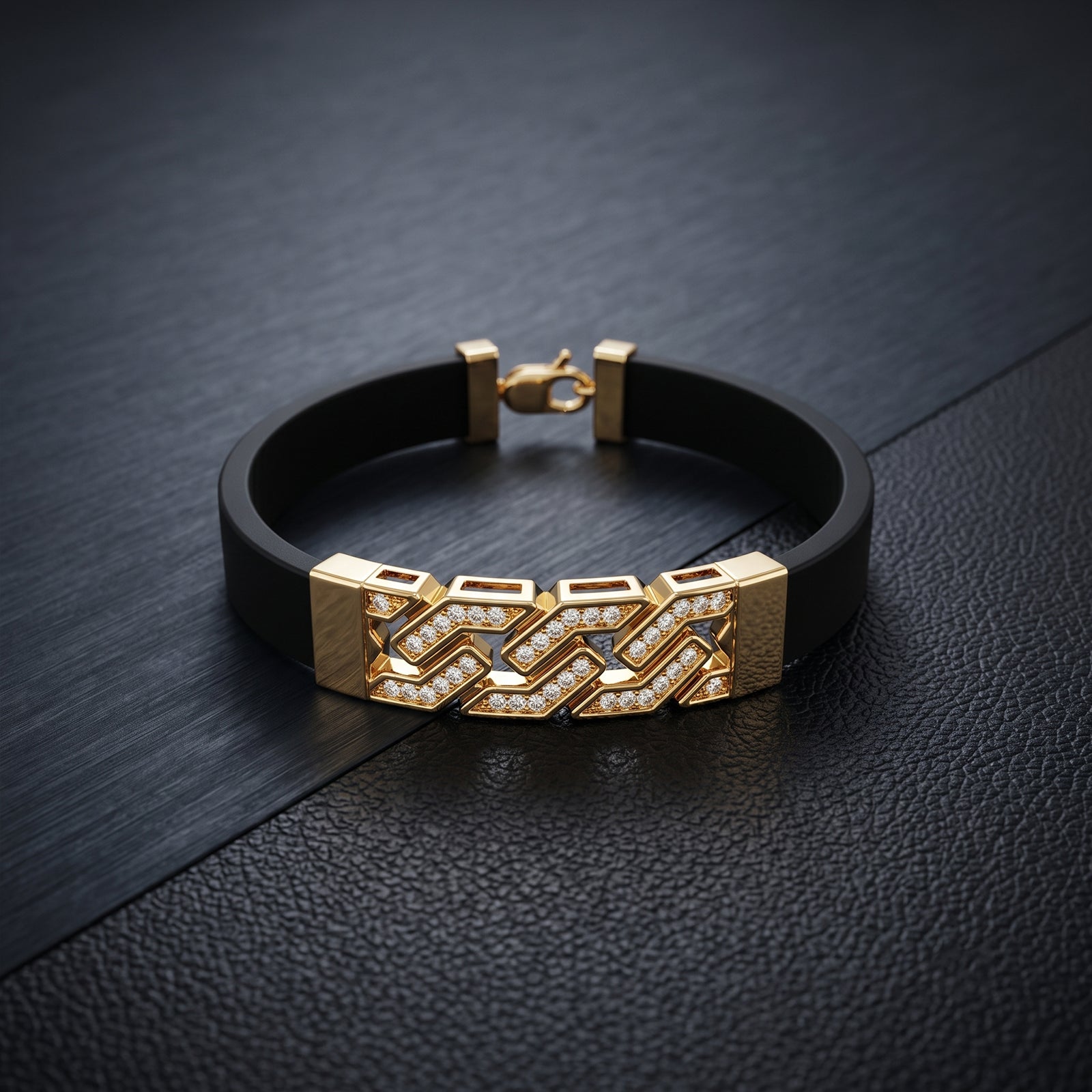 18K Yellow Gold & Diamond Men's Leather Strap Bracelet | Luxury Cuff for Mens