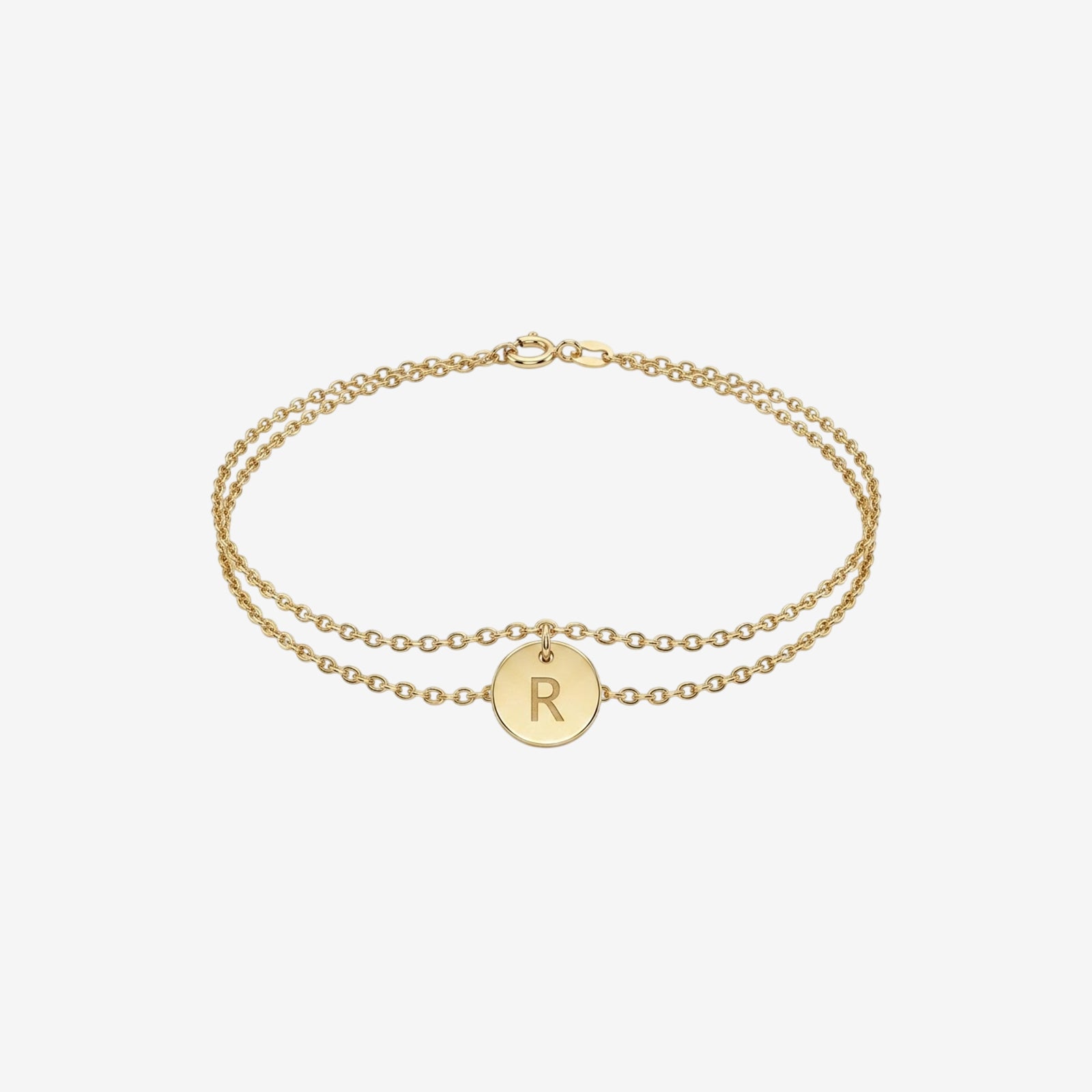 18k Solid Gold Personalized Initial Double Chain Disc Bracelet | Fine Jewellery