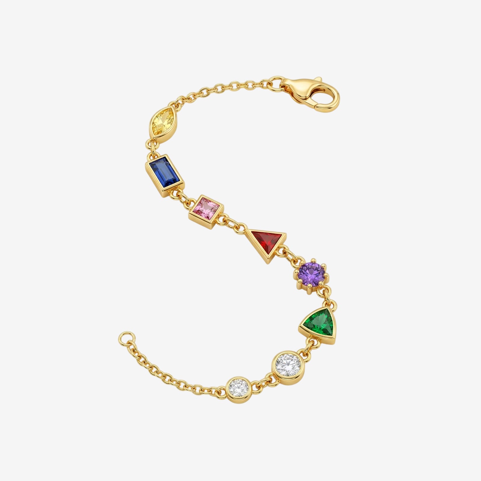 18k Gold Rainbow Gemstone Geometric Station Bracelet | Multi-Shape Bezel Set Jewelry