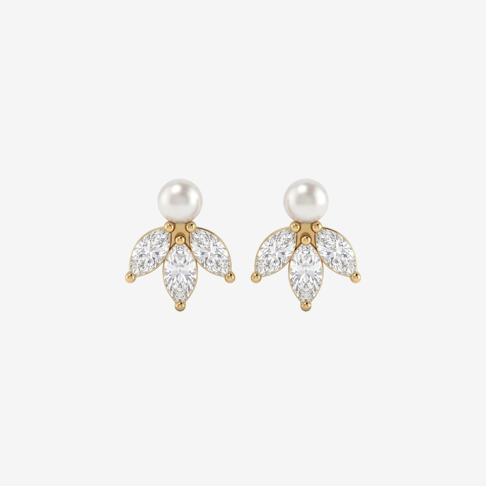18k Gold Pearl & Marquise Diamond Cluster Stud Earrings | Dainty Bridal Jewelry