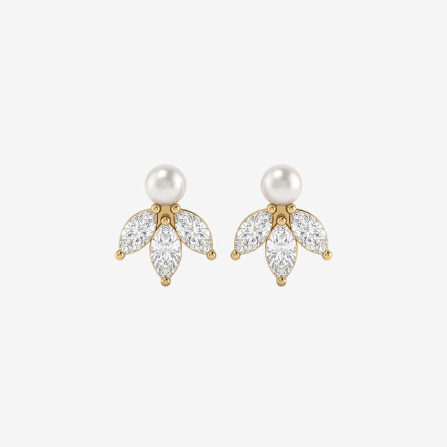 18k Gold Pearl & Marquise Diamond Cluster Stud Earrings | Dainty Bridal Jewelry
