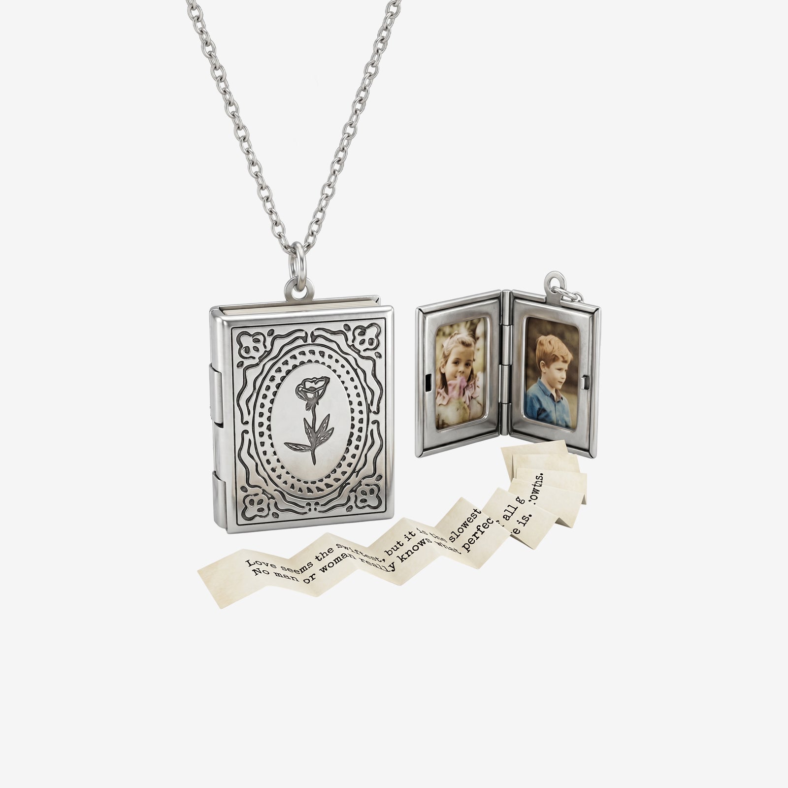 18K Gold Book Locket Necklace | Vintage Rose Engraved Pendant