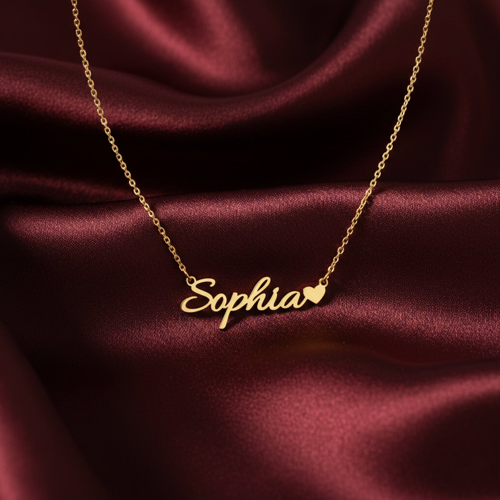 Personalized 18K Gold Name Necklace with Heart Accent | Custom Script Pendant Jewelry