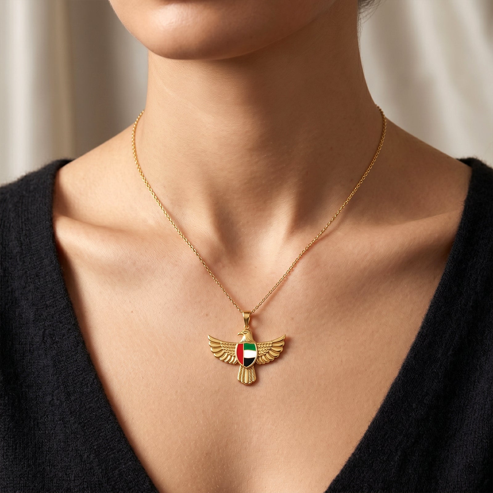 18K Gold UAE Falcon Pendant Necklace | National Emblem Heritage Jewelry