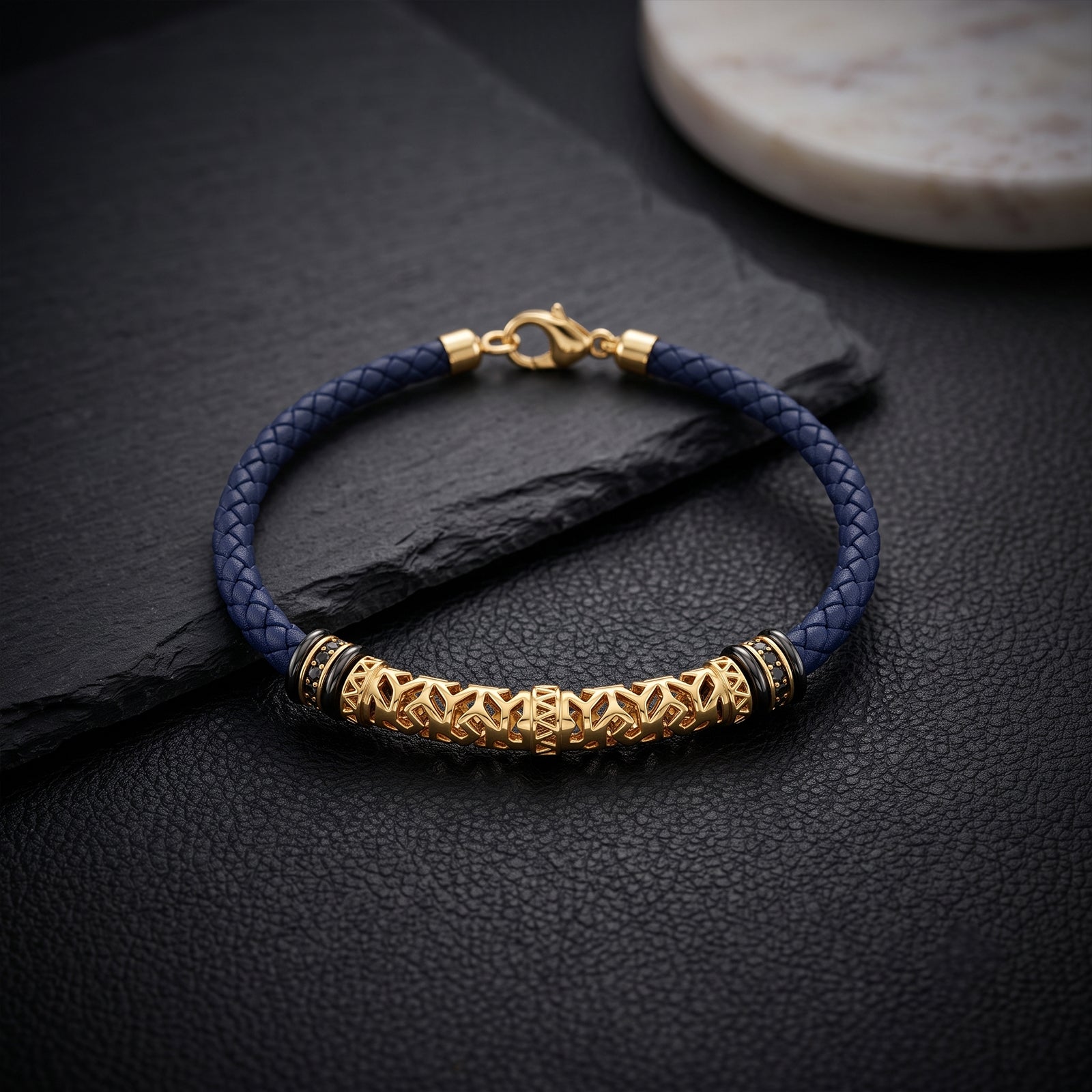 Men's 18K Gold Geometric Tube & Braided Leather Bracelet | Black Spinel Accents