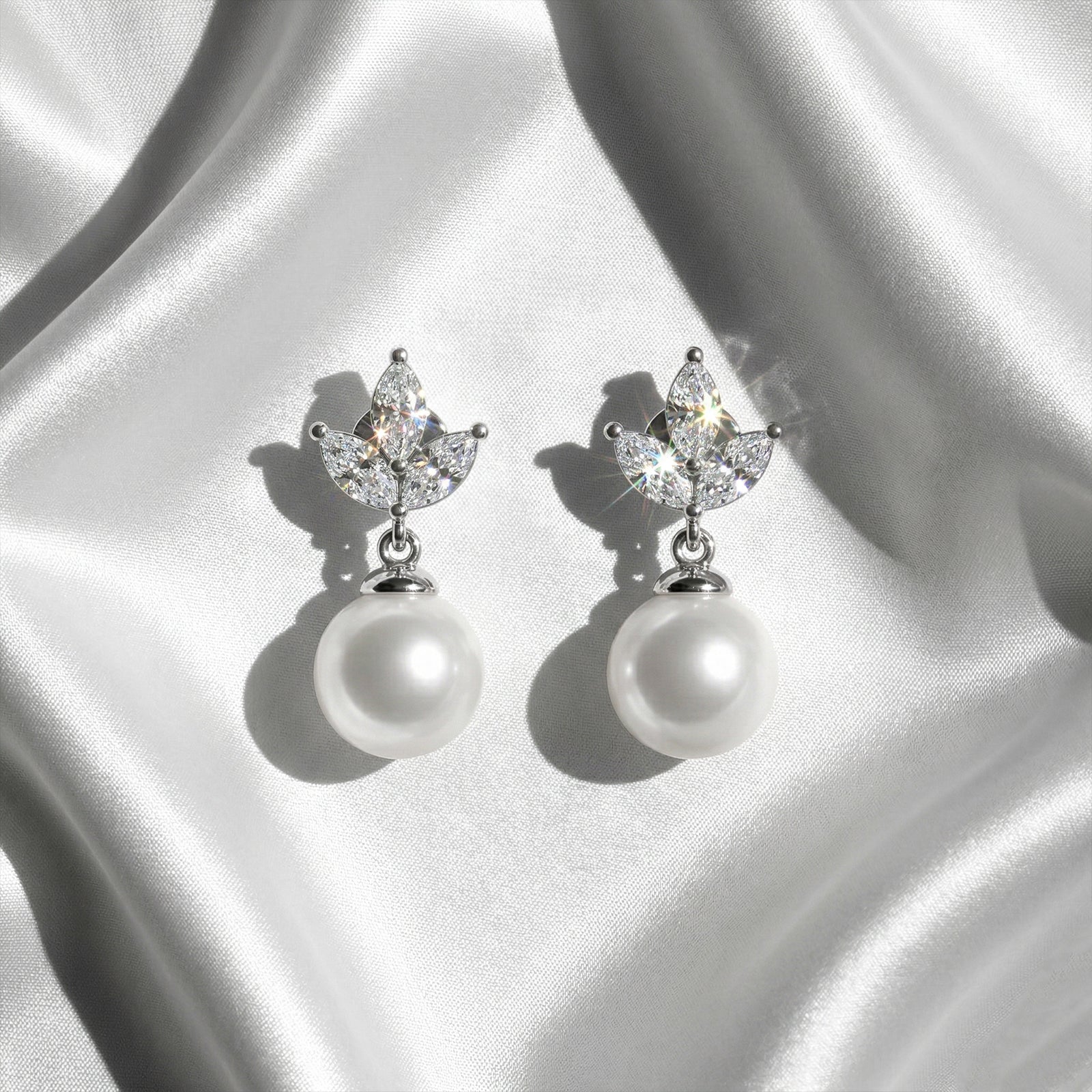18k Gold Marquise Diamond & Pearl Drop Earrings
