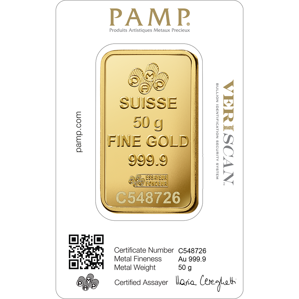 50g SUISSE PAMP GOLD BAR – 24K (999.9) PURE GOLD - SEALED & CERTIFIED