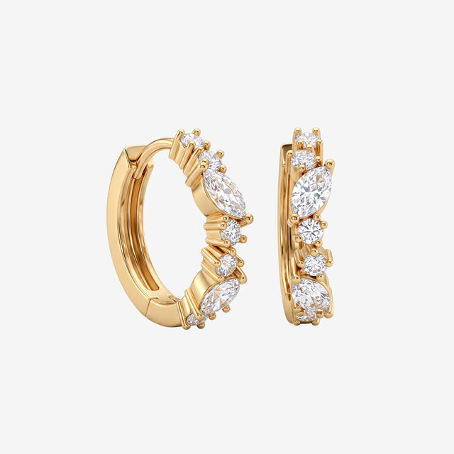 18K Gold Marquise & Round Diamond Huggie Hoop Earrings