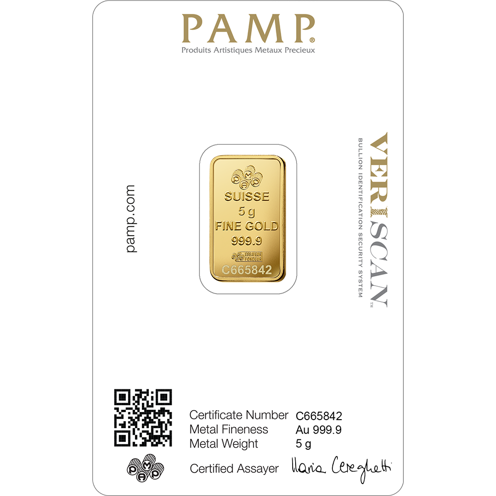5g SUISSE PAMP GOLD BAR – 24K (999.9) PURE GOLD - SEALED & CERTIFIED