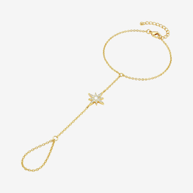18k Gold North Star Diamond Hand Chain Bracelet | Celestial Finger Bracelet