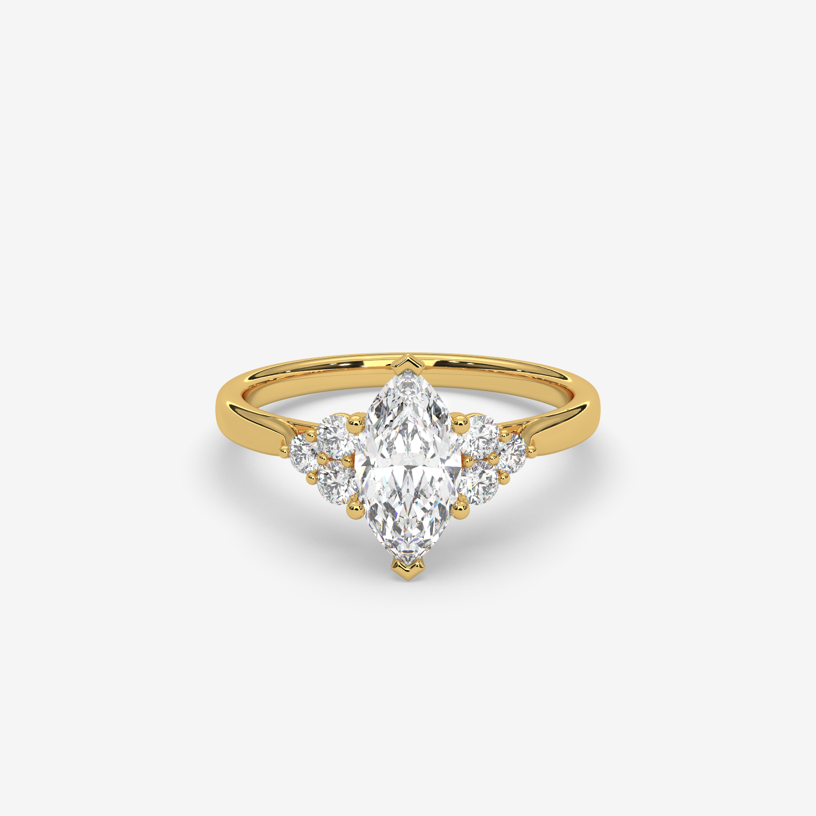 Solid Gold Marquise Diamond Engagement Ring | Cluster Side Stone Cluster Ring